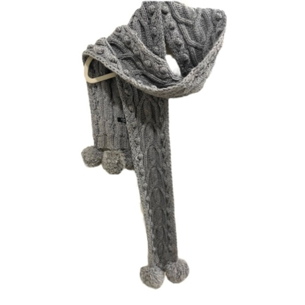 J Crew gray cable knit pom pom scarf
